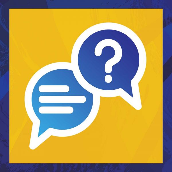Cartoon-style graphic with blue board, yellow background, and two speech bubbles. One speech bubble has a question mark, the other three lines to indicate speech.